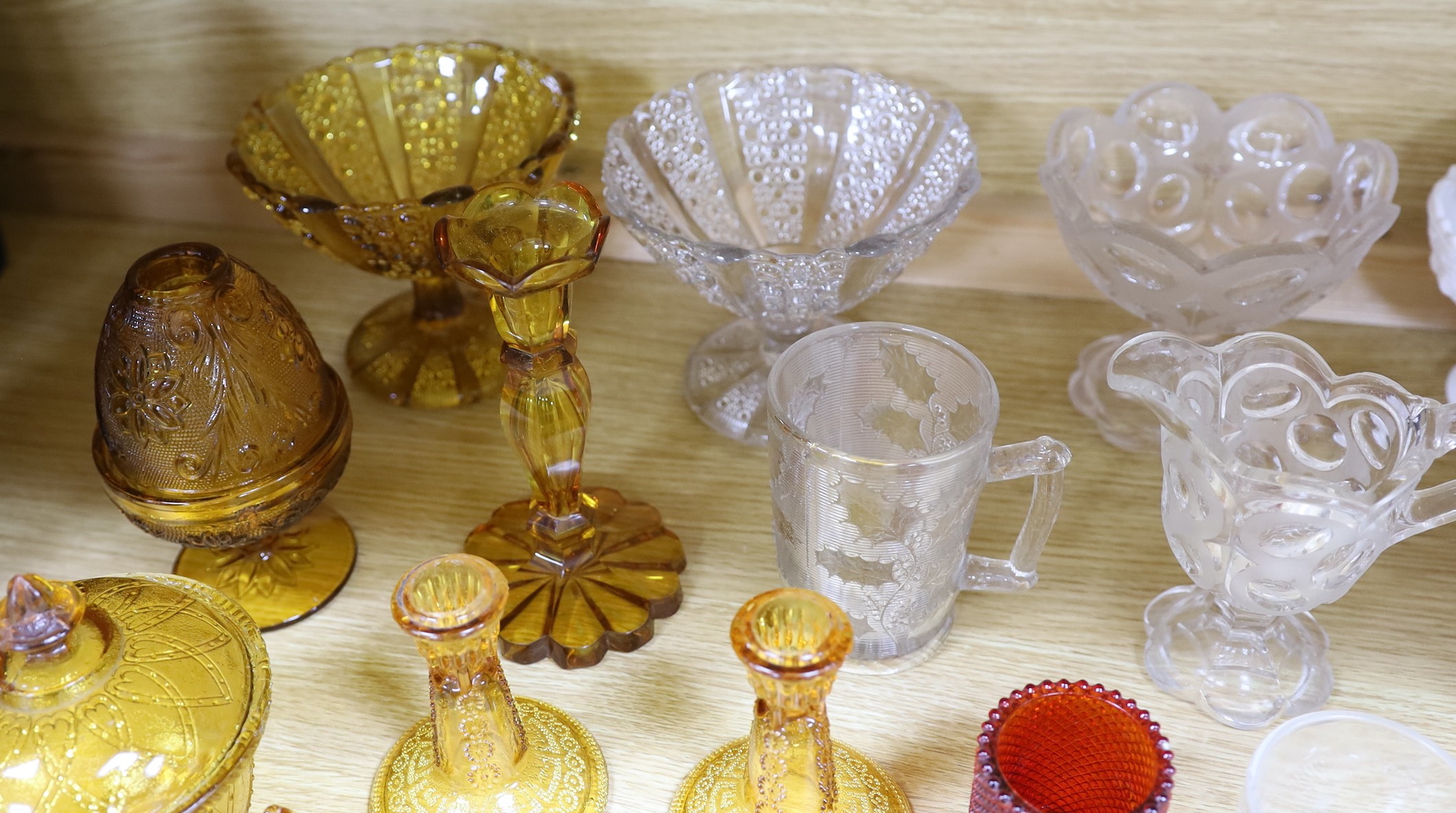 A group of Sowerby's and other pressed glassware, tallest 17cm